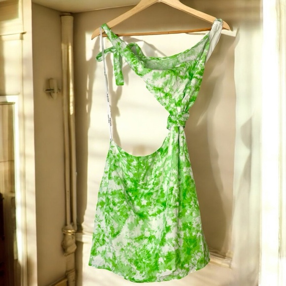 🔆 For Love And Lemons Green Tie-Dye One-Shoulder Devon Mini Dress - Picture 3 of 6